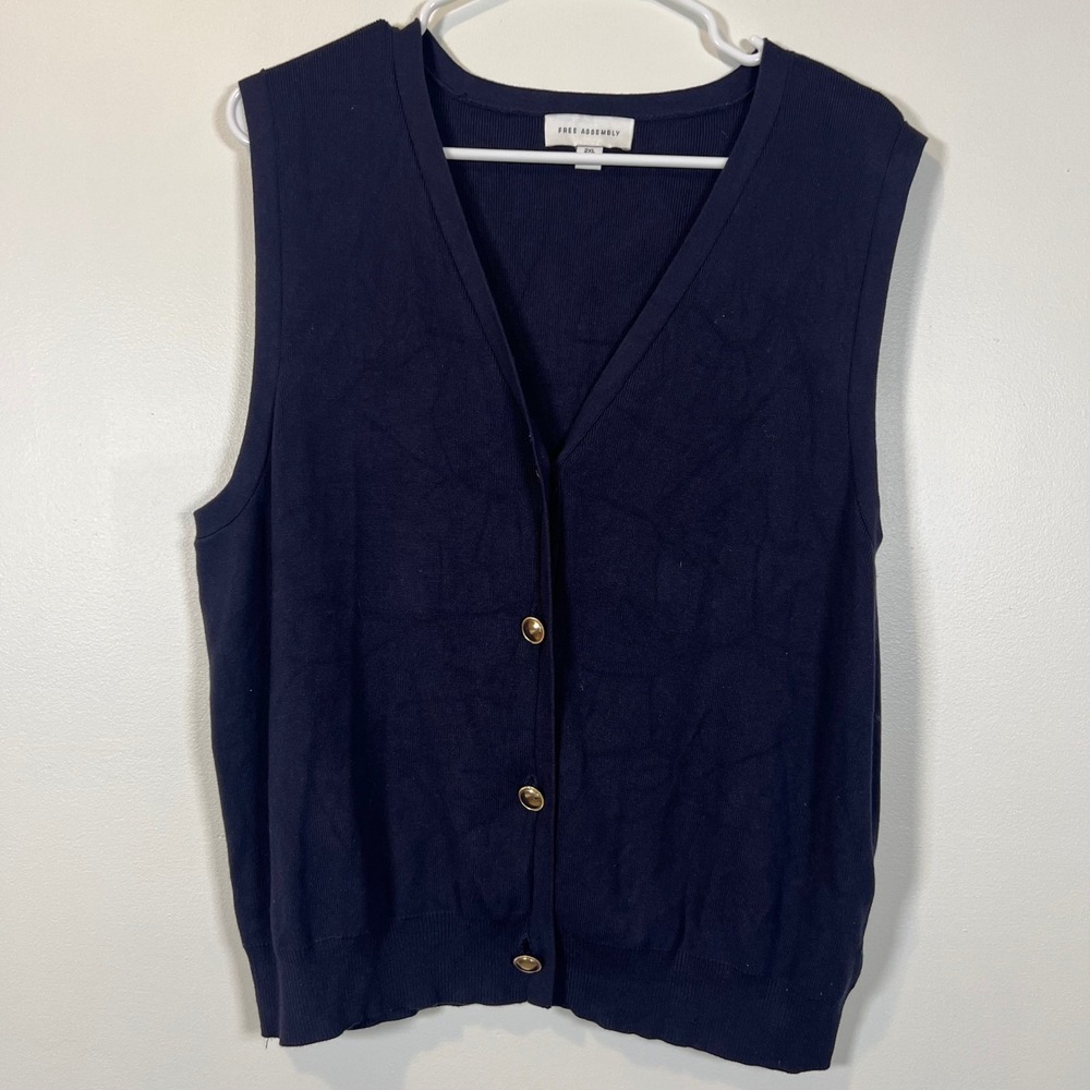 Free Assembly Womens Navy Blue Knit Button Front Sweater Vest Gold Buttons 2XL